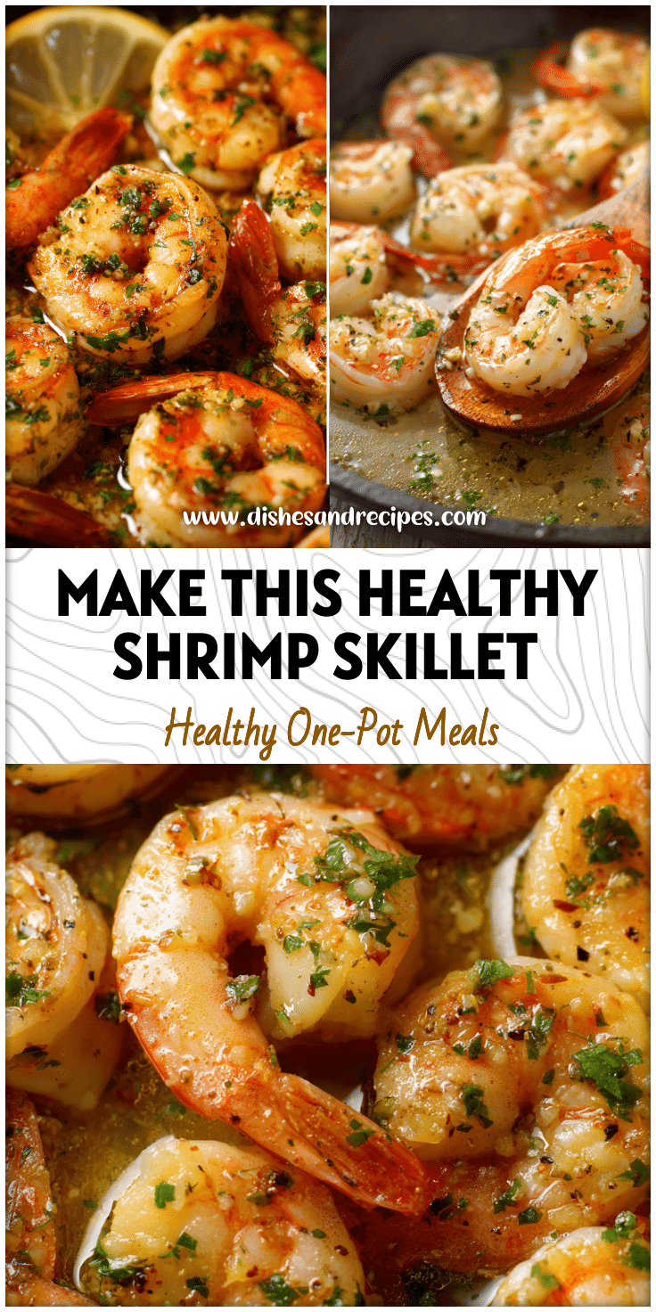 Juicy lemon garlic shrimp in a skillet with olive oil and herbs for a healthy seafood dinner.